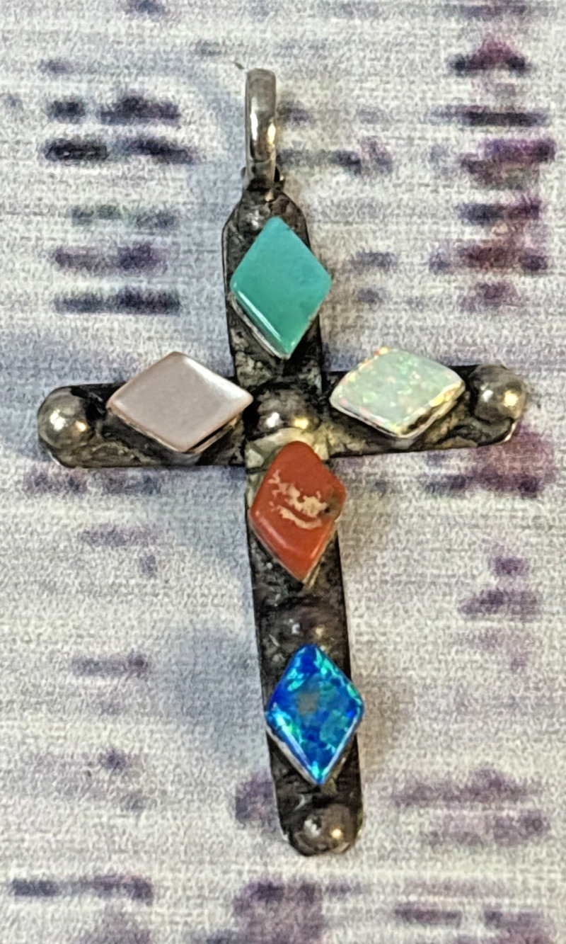 Vintage Zuni Sterling Silver Multi Gemstone Cross Pendant Signed PC Pearl Ukesti